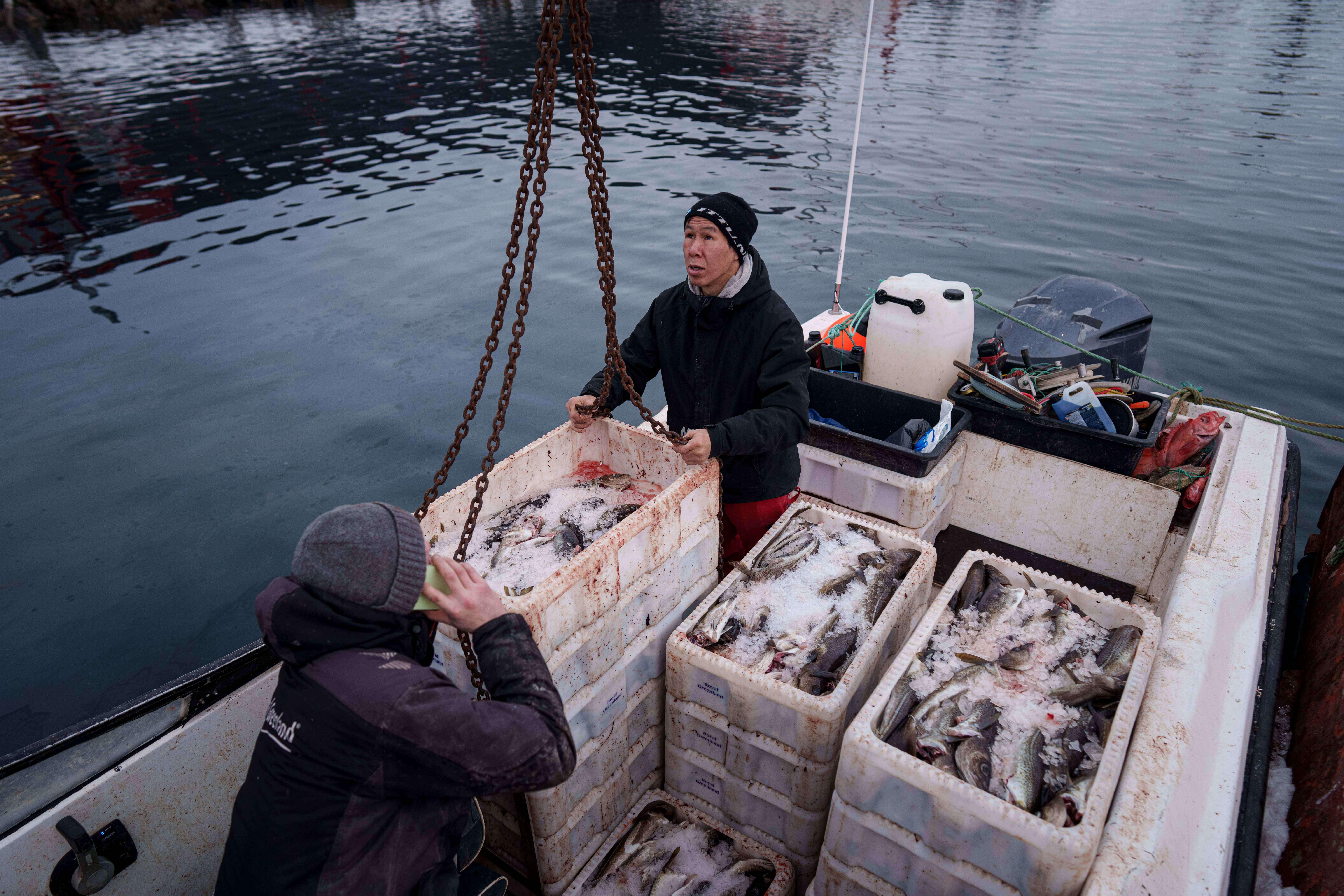 Pescadores descargando cajas con pescado desde un barco...