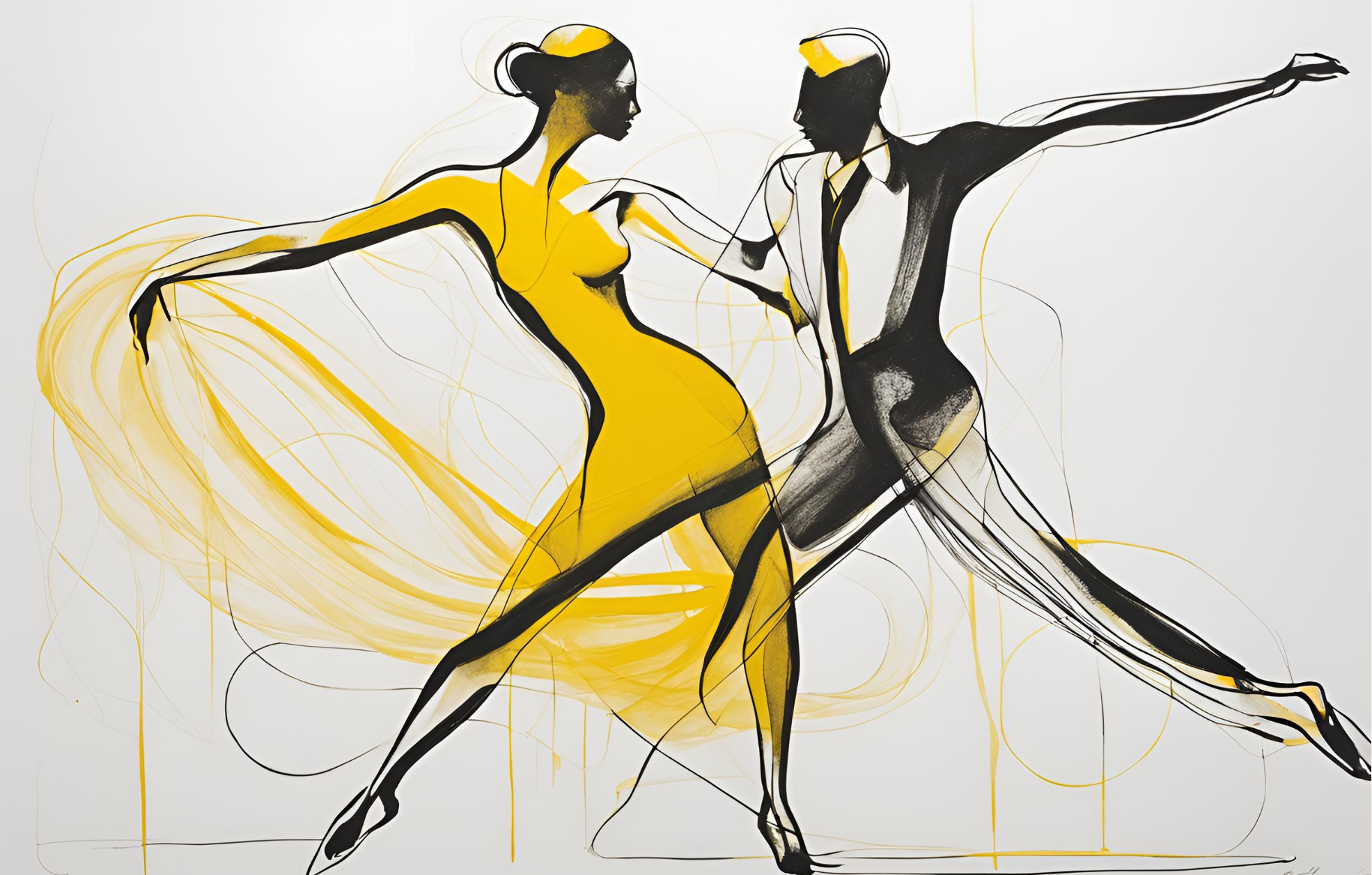 Dibujo lineal de gente bailando tango.