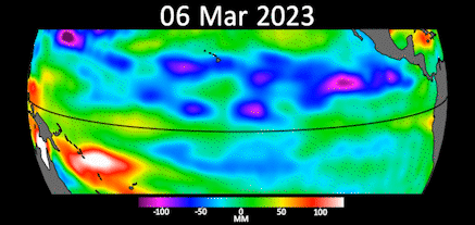El GIF muestra las aguas cálidas asociadas con El Niño en el Pacífico ecuatorial y frente a las costas de América del Sur.