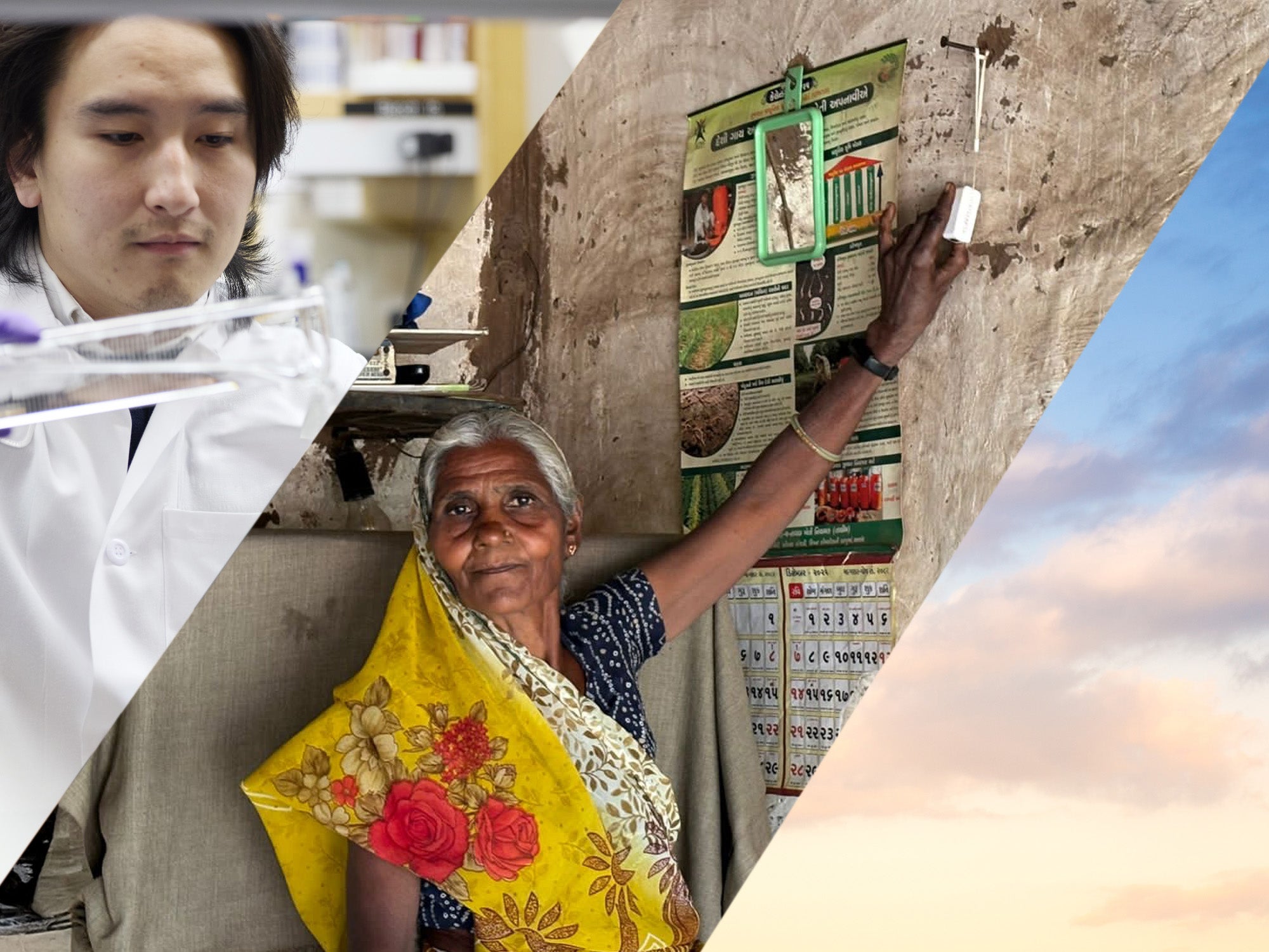 En la foto con tres fotografías, de izquierda a derecha: investigadores en el laboratorio; Mujeres en la India; el cielo