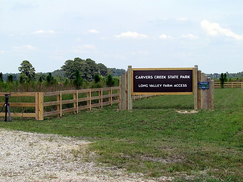 Entrada al parque Carvers Creek, Fayetteville, Carolina del Norte