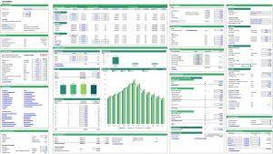 Captura de pantalla de un panel de estimación de modelos financieros con paneles de entrada para cronogramas, precios, impuestos y tasas de descuento.