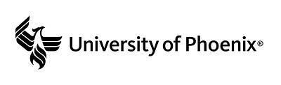 Logotipo de la Universidad de Phoenix con pájaro fénix blanco y negro.